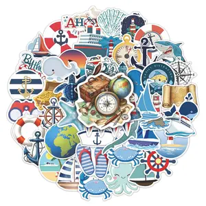 50pcs Nautical & Ocean Themed Stickers Pack, Waterproof Vintage Seafaring Marine Life & Nautical Icon Decals for Laptop, Water Bottle, Journal & Scrapbook, Ocean Lover Gift
