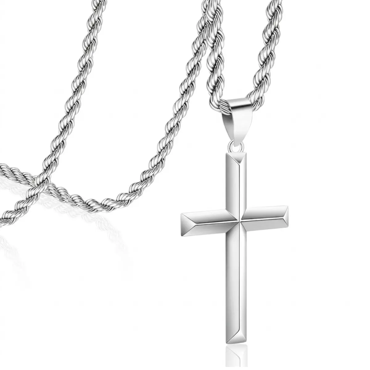 Men's Stainless Steel Bold Cross Spiritual Necklace - 3mm Fried Dough Twists Chain, 18-24in Adjustable Length, Fashion Costume Jewelry for Birthday, Fathers, Anniversary, Daily Wear, Spiritual Jewelry, Bold Look, Faceted Cross, Chains Necklace, Cross Desi
