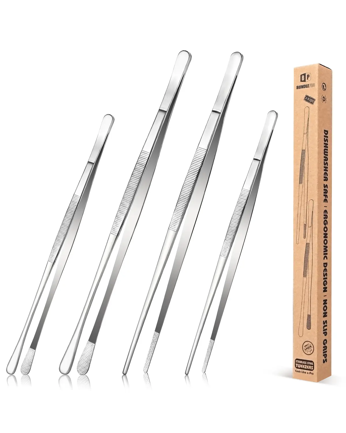 4 Pcs Fine Long Tweezer Tongs Professional Black Set,12'' and 10'' Stainless Steel for Kitchen Utensils , Food, Cooking, Repairing, Sea food and BBQ