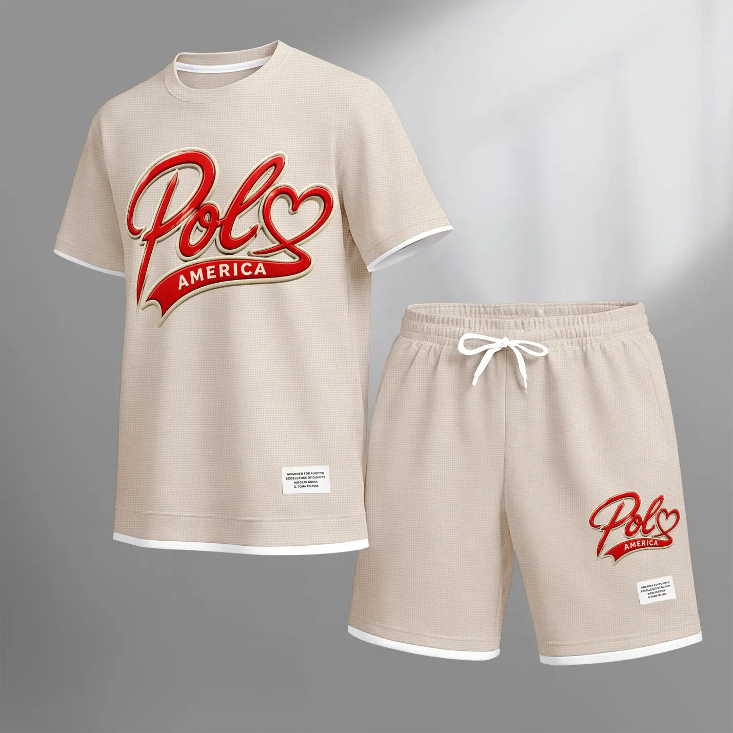Men's American-style printed drawstring shorts set is ideal for spring and summer. This casual summer outfit includes a short-sleeved shirt and shorts, suitable for everyday wear and athletic activities. Pants Fabric