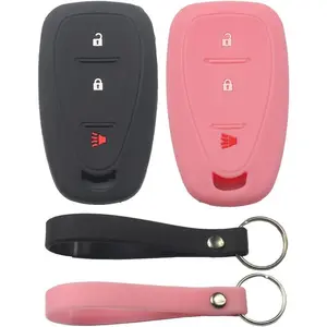 2Pcs Rubber Silicone 3 Buttons Smart Key Fob Case Keyless with Keychain Compatible with Blazer Equinox Trailblazer Traverse Cruze Sonic Trax Black Pink