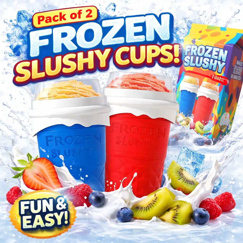 Pack of 2 Double Layer 500ML Multifunction Portable Reusable Slushie Maker Cups - BPA-Free Food-Grade Silicone ABS, Quick Freeze Tech, Lids, Straws, Spoon, Scoop, Red & Blue Modern Kitchen Utensils for Teens' Ice Drinks, School, Office Use, Perfect Gift,