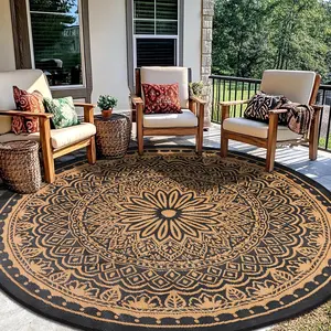 Round Outdoor Rugs 8Ft , Outdoor Reversible Mats, Lightweight Plastic Straw Rug, Portable RV Camping Mat Floor Carpets for Deck Porch Picnic Beach Garden, Black/Camel