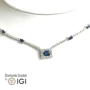 IGI 4.68 CT Rectangular Cut Sapphire & Natural Diamond Necklace 14k White Gold