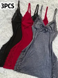 3-Piece Women's Solid Color Lace Sleepwear Set with Lace Inlay and Side Slit