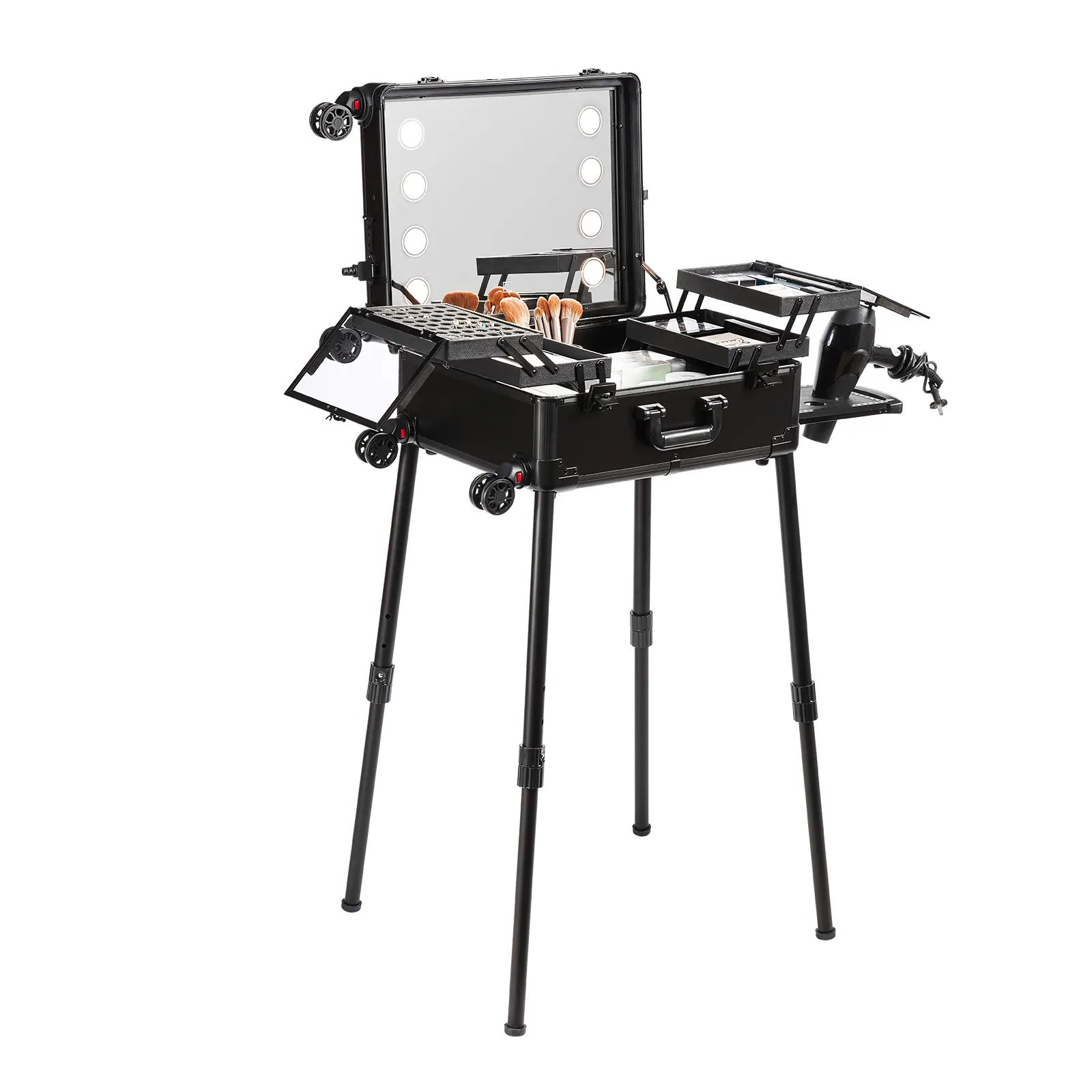 VEVOR Makeup Train Case with Lock,  Lighted Mirror, 4 Storage Trays, Brush Holder, Speaker Travel Cosmetic Organizer Box w/ Swivel Wheels, Professional Artist Trolley Studio Free Standing Case