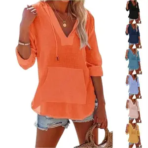 Imily Bela Women's Beach Cover Up hoodies sweatshirt Long Sleeve V Neck Pocketed Hooded Shirt Top Casual Womenswear