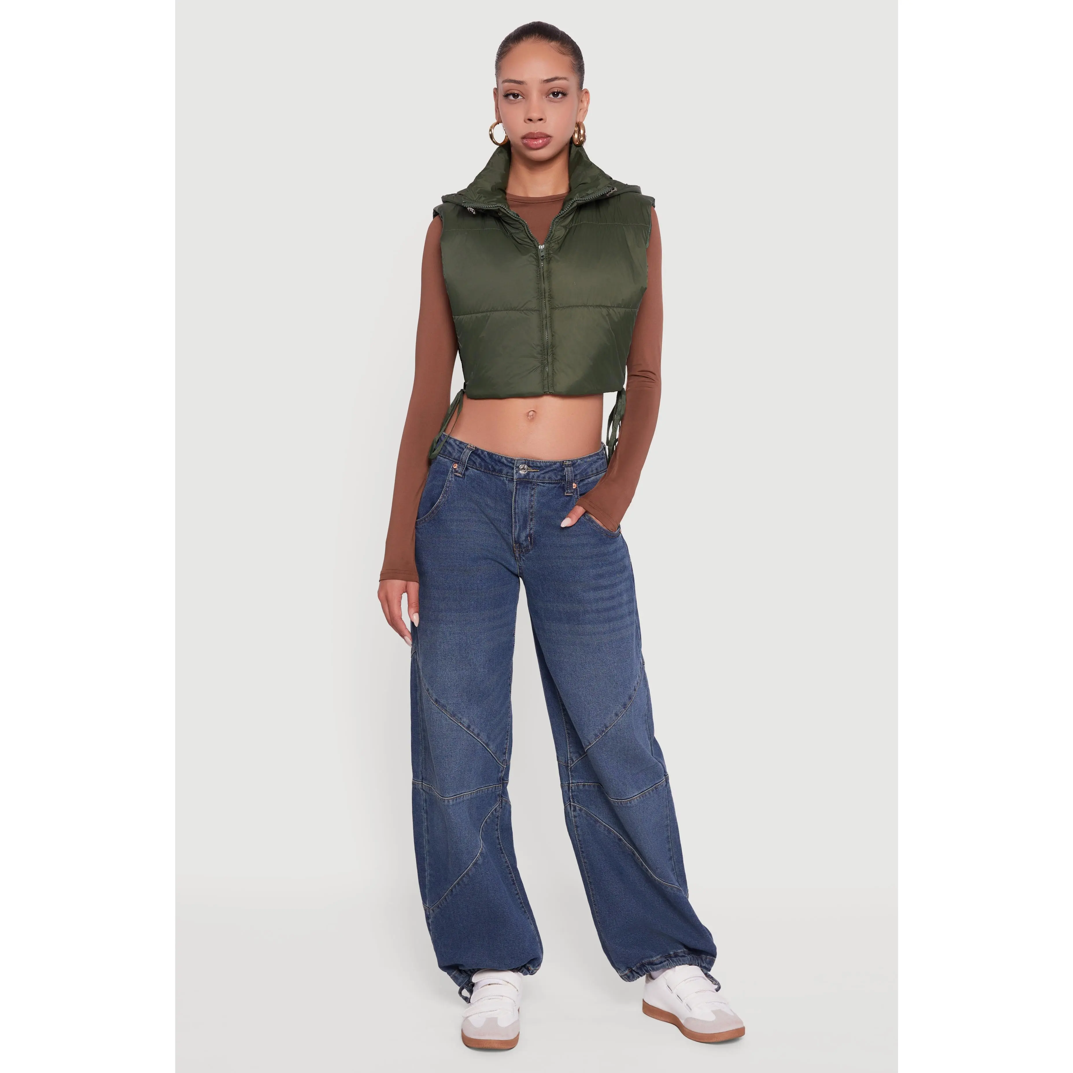 Hooded Cropped Puffer Vest with Open Tie Sides