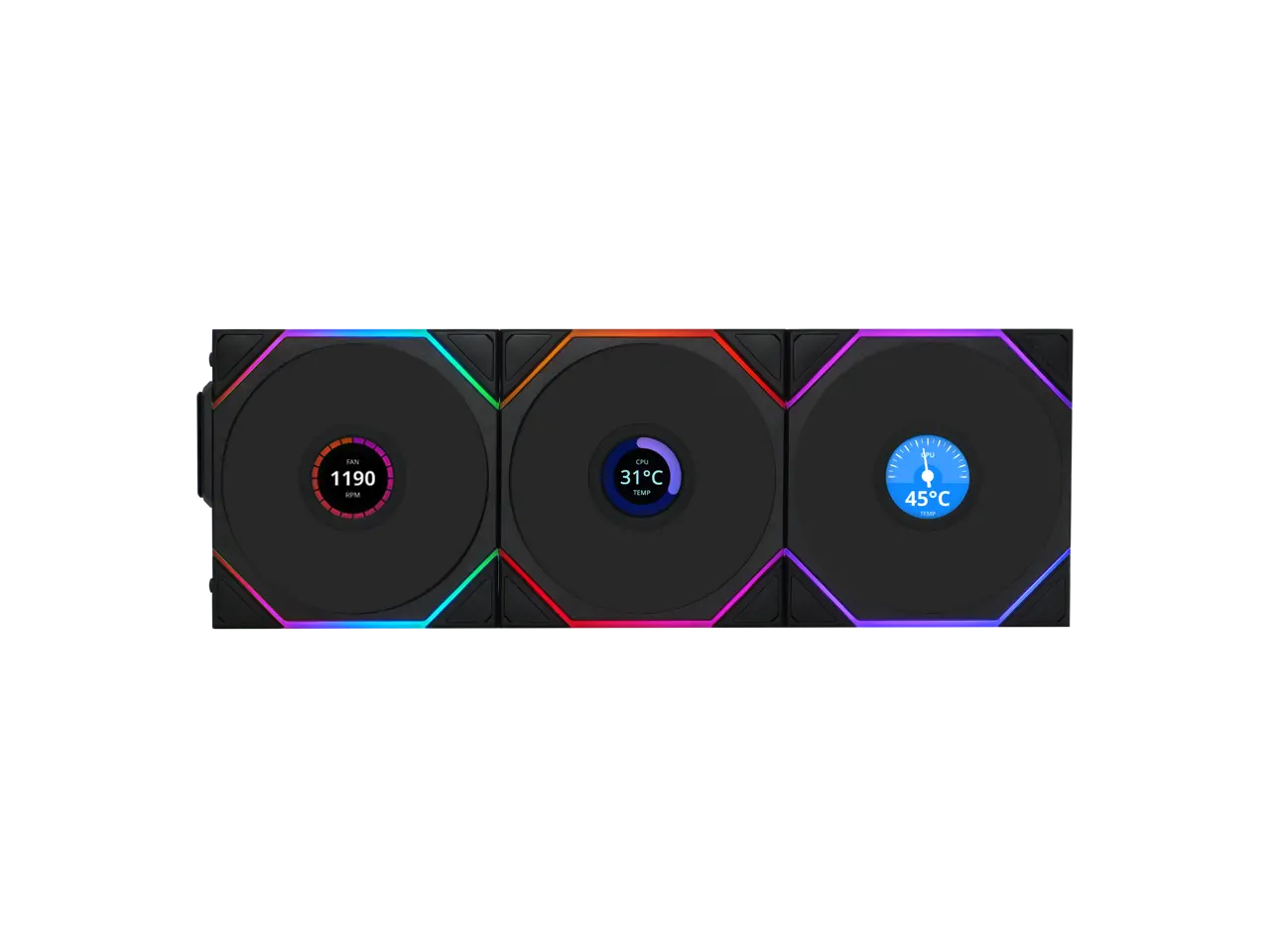 Lian Li UNI Fan TL LCD 120 Wireless - Triple Pack - 2.4 GHz Wireless Controller Included - Daisy Chain & Infinity Mirror Design - LCD Display - Controller required. - Black (12TLLCD1W3B)