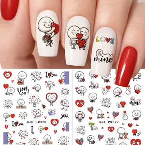 2 Sheets Cartoon Valentine Nail Stickers, Cute Love Letter Shy Character 3D Nail Art Decals for DIY Decoration