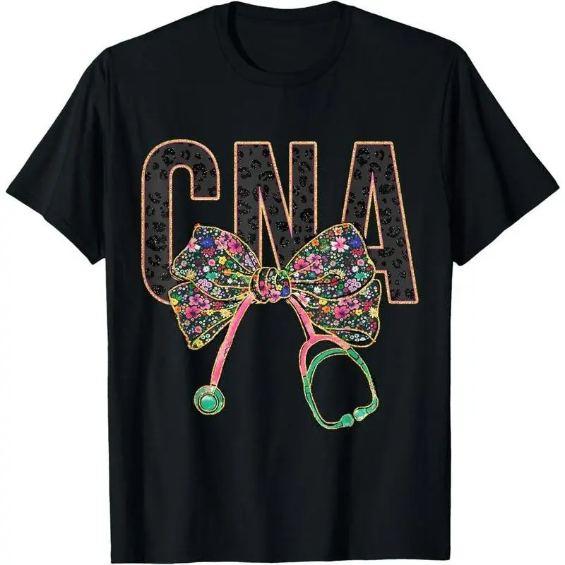 Black 180G Graphic T-Shirt for Nurses & CNAs with Coquette Stethoscope Bow Print, Casual Short Sleeve Round Neck Top, Black-T Shirt-180G