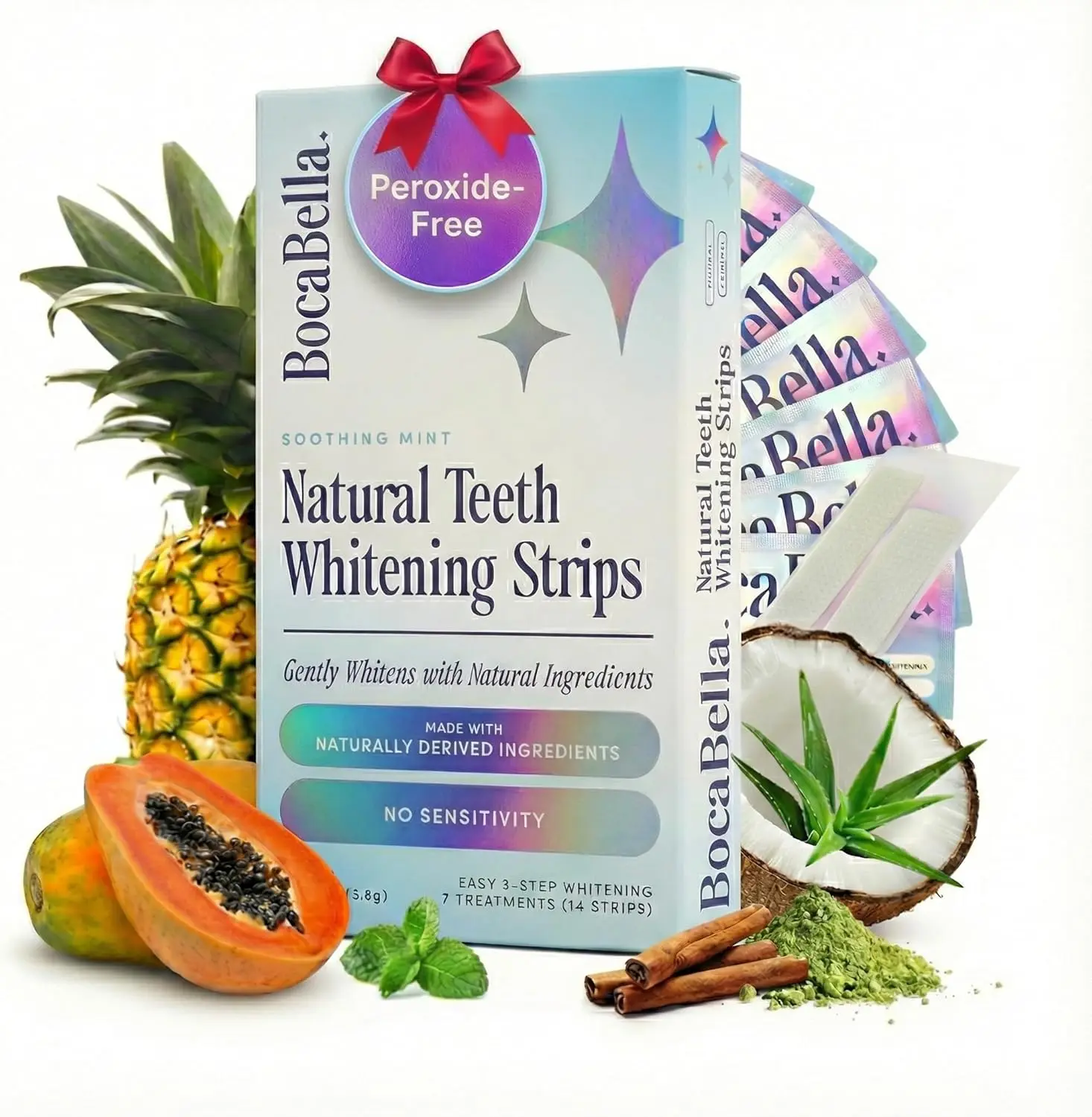 Boca Bella Natural Teeth Whitening Strips - 7 Treatments Per Box, Peroxide-Free, Enamel-Friendly, Mild Mint Flavor, Suitable for Daily Use