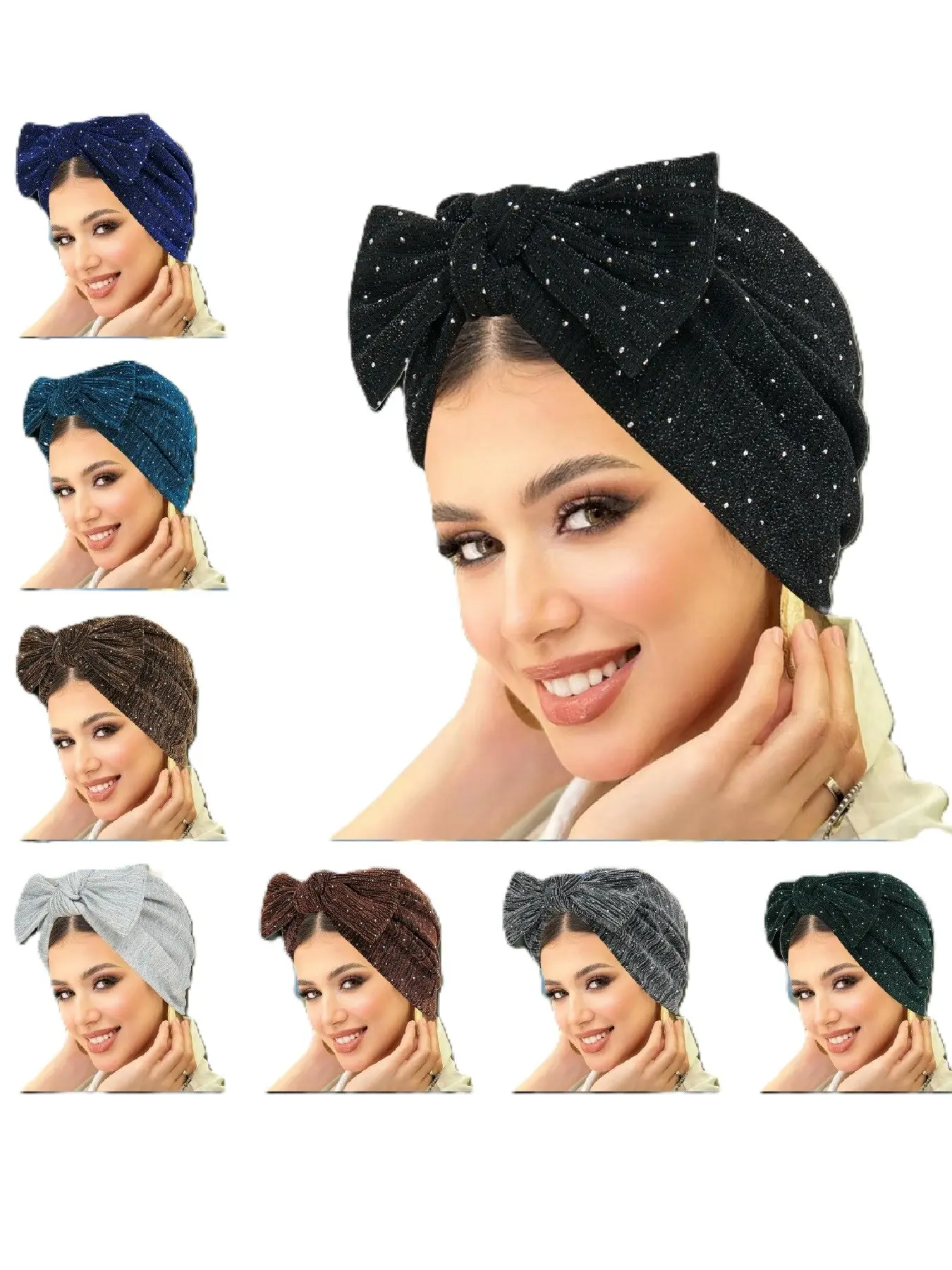 Women's Fashion Headscarf Hat, Tignon Scarf, Hijab Turban with Large Bow Design, Sparkling Rhinestone Accents, Elegant Hair Accessory for Daily Wear