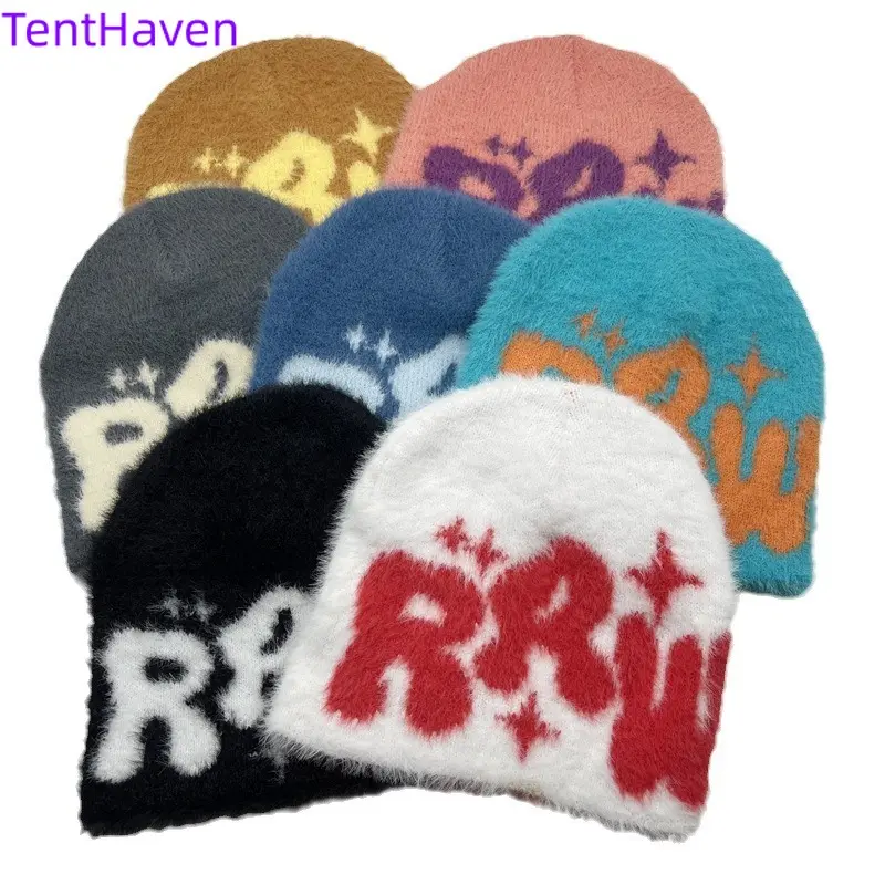 2026 New Mink Wool Knitted Jacquard Beanie Hat - European & American Autumn-Winter Warm Plush Sports & Outdoor Hat, Beanie Hats