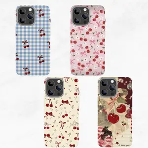 Cherry Bow Phone Case for iPhone, Cute Coquette Fruit Pattern Cover, Red Pink Gingham Aesthetic Case, Sweet Girly Gift for Her