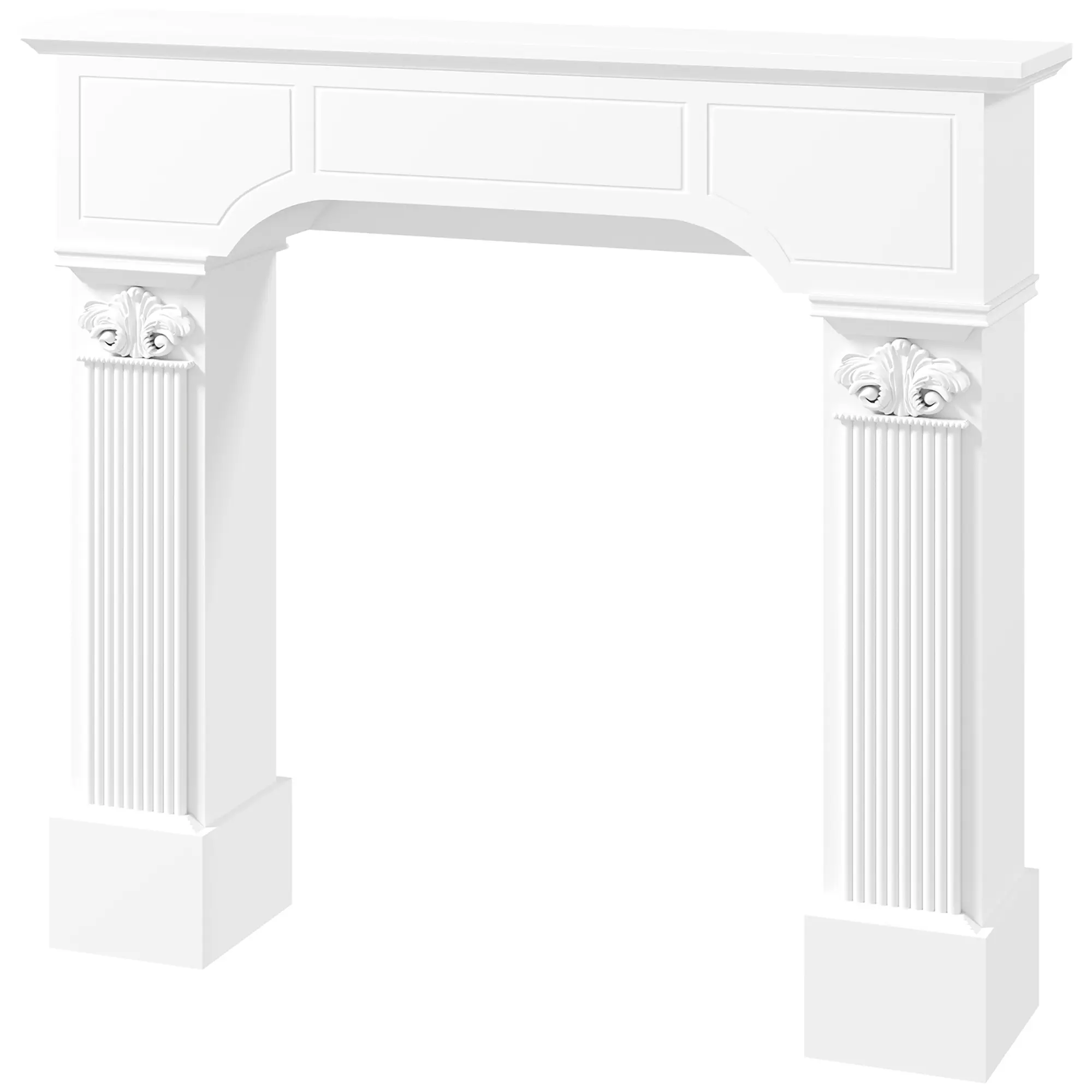 White Baroque Fireplace Surround Freestanding 42.8 Inch High Ornate Centerpiece Flanked by Columns for Farmhouse Hotel Lobby Chapel Wedding Ceremony