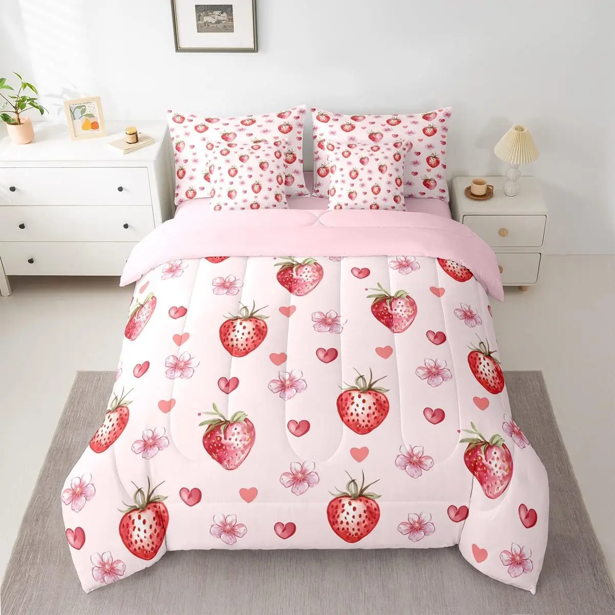 Strawberry Comforter Set with Sheets 7 Piece Kawaii Bedding Set Cute Bed in a Bag Flower Room Decor Soft Lightweight Microfiber