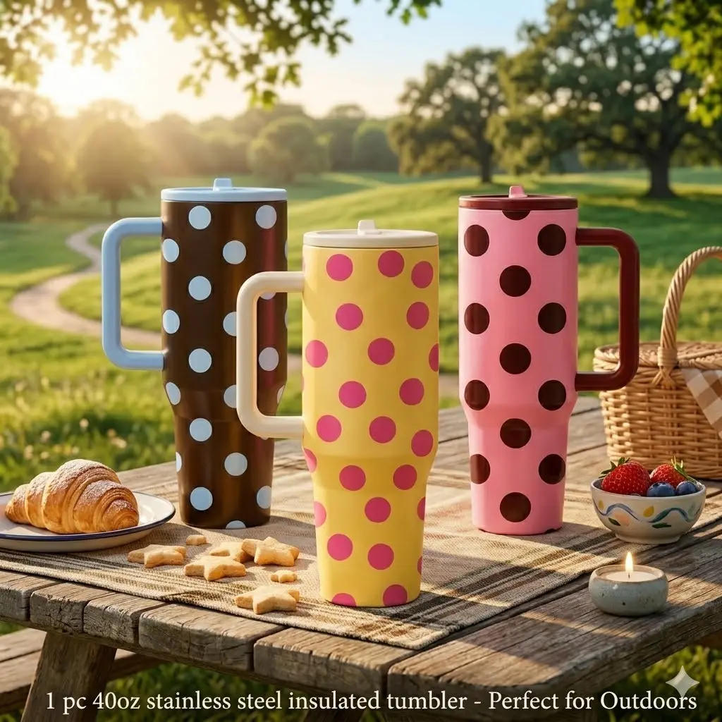 1 Pc 40oz Polka Dot Insulated Mug With Handle, Stainless Steel Tumbler, Thermal Flask, Double Wall, Leak Proof, Vacuum Insulated, Keeps Hot 12 Hours, Cold 24 Hours, For Hot Cold Drinks, Gift For Women, Friends, Picnic, Travel, Office, Daily Use, Drinkware