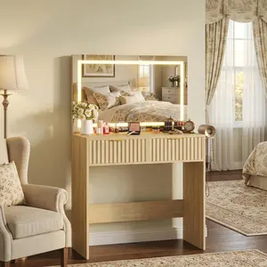 Gaomon Fluted Vanity Desk, Makeup Vanity Desk with Large Lighted Mirror, 2 Drawers, 3 Adjustable Brightness Lighting Modes, for Bedroom, Natural Oak