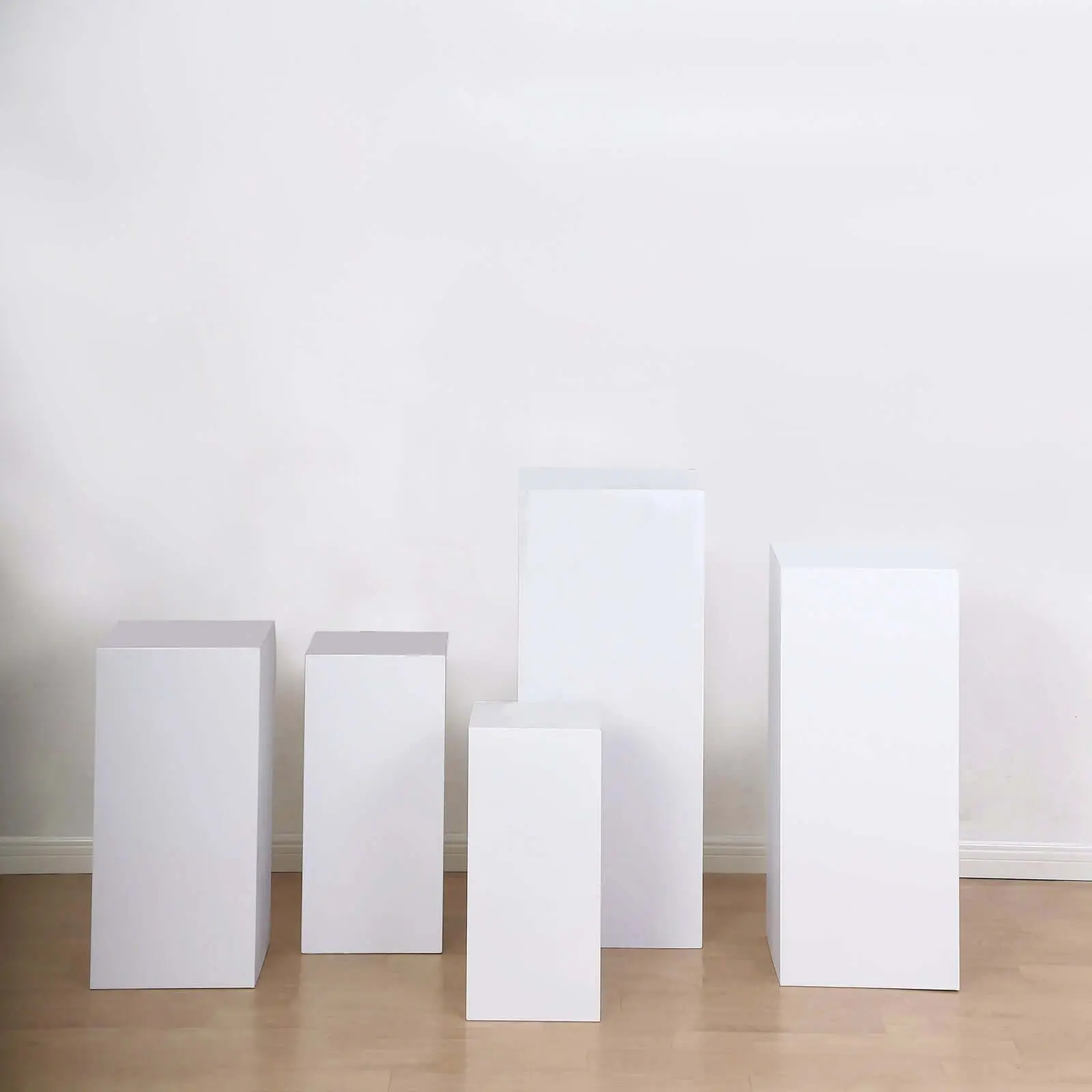 5-Piece Smooth White Metal Rectangular Prop Pedestal Stands - Easy Clean Decor for Weddings, Graduations, Baby Shower Parties, Event Backdrop Plinth Pillar Display Boxes, Graduations Decoration, Festival Decoration