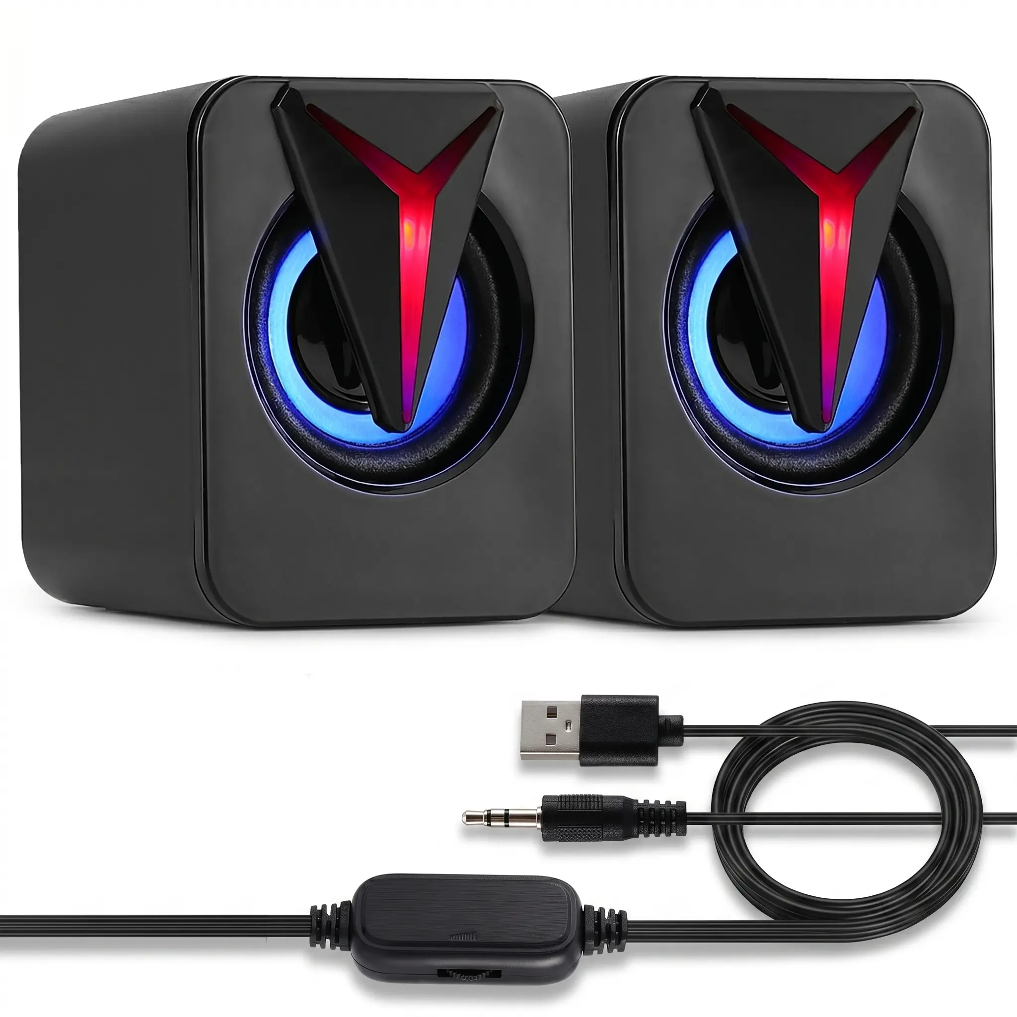 RGB Wired Computer Audio Speakers - USB-Powered Mini Gaming Accessories with In-Line Volume Control, 3.5mm AUX Desktop Built-In Sound System for PC, Laptop, Aesthetic Tech Music Setup, Computer Speakers