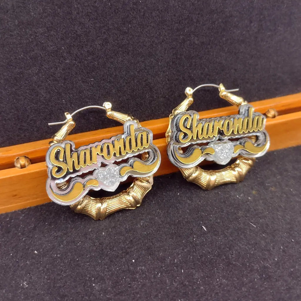 Personalized Gold Bamboo Hoop Earrings – Custom Name Plate with Heart & Swirl Design, Laser Cut Lightweight Statement Jewelry for Women, Teen Girls, Birthdays, Holidays, Christmas, Graduation, Mother’s Day Gift