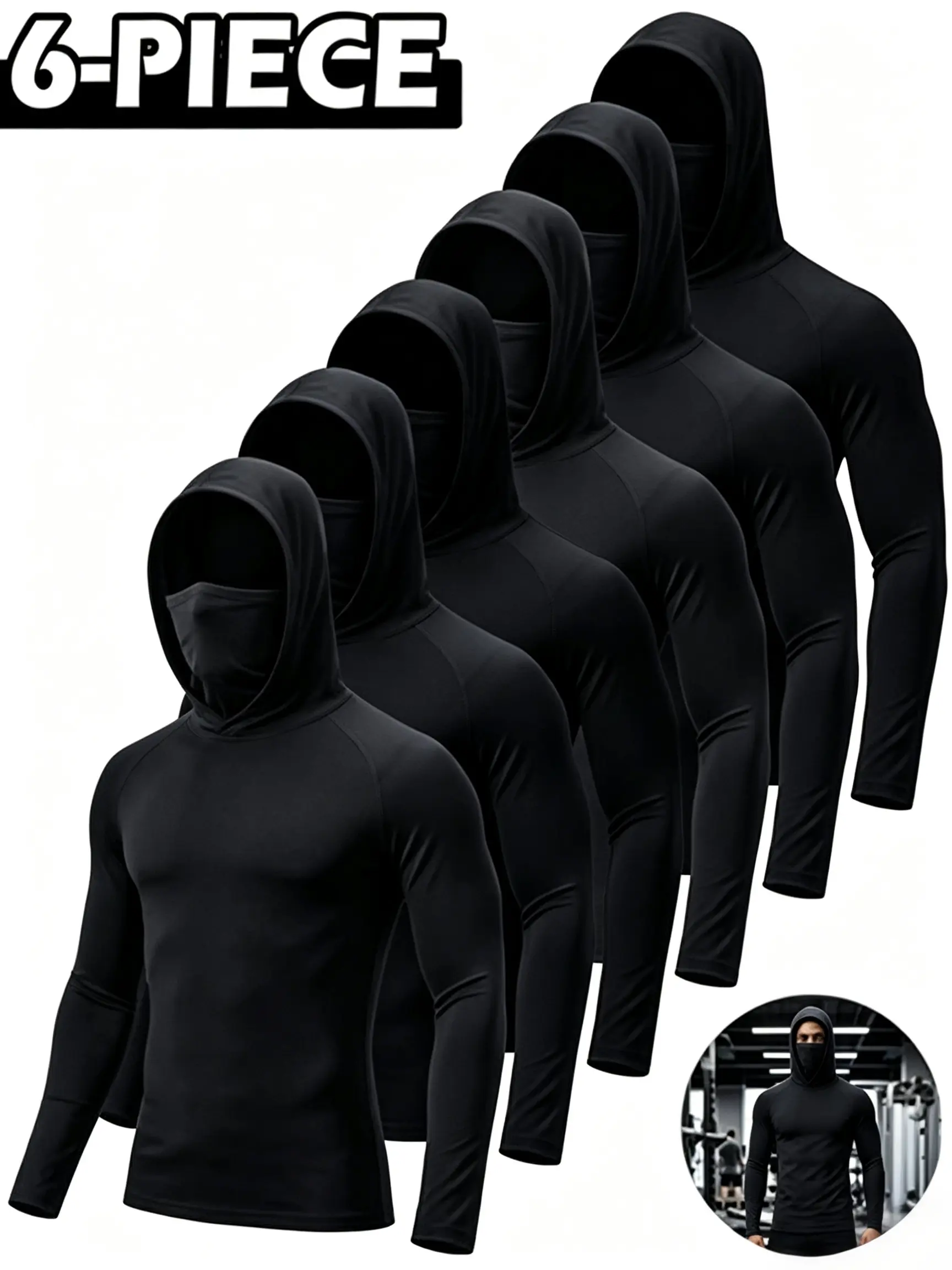 Men's 6-Pack Athletic Compression Hoodies - Slim Fit, Long Sleeve Dry Fit Activewear, 100% Polyester, Moisture-Wicking, Built-in Mask, UPF Sun Protection, Attached Hood, All Season, Sweat Control for Gym & Fishing, Athletic Training Hoodie
