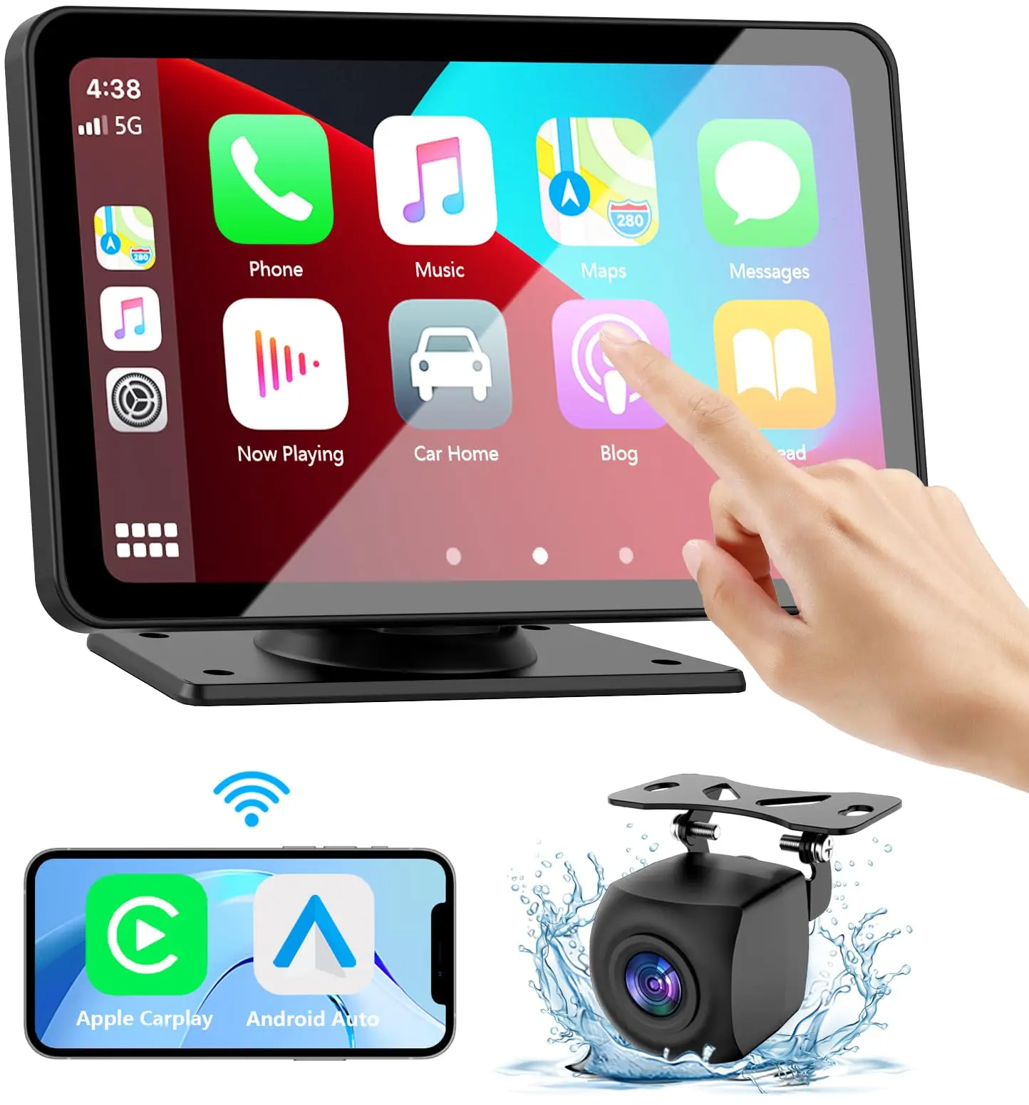 7 Inch Portable Car Touch Screen, Wireless Apple CarPlay & Android Auto Car Display, Supports Mirror Link, Bluetooth 5.2, AUX & FM Audio Output, with Waterproof Rear View Camera, Compatible with 12-24V Vehicles