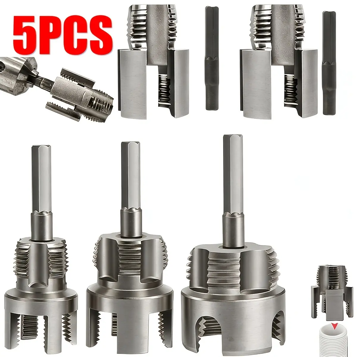 5PCS Internal External Pipe Threading Tool Kit, Drill Attachments, Hand Tools, PVC Pipe Threading Cutter, Fits 1/2", 3/4", 1" Pipe Sizes, Drill-Driven Pipe Threader for Thread Cutting in PVC/PPR/MPP Pipe Installation, Retrofit and Repair