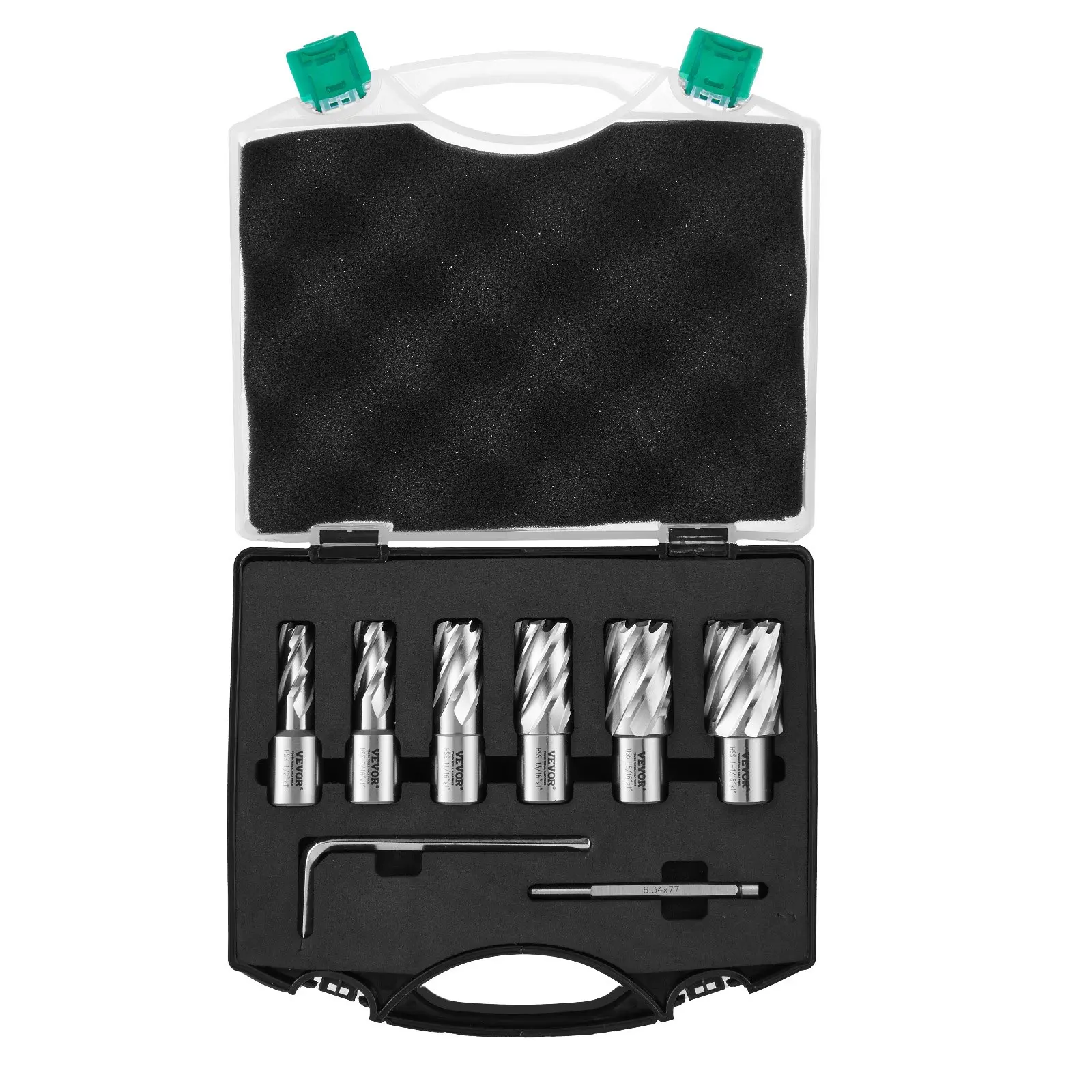 VEVOR 6-Pcs High Speed Steel Annular Cutter Set, Weldon Shank with Pilot Pin, Hex Wrench & Portable All-Inclusive Package - 1/2" to 1-1/16" Inches Cutting Diameter, 1" Cutting Depth, 1.65 lbs Drill Accessory