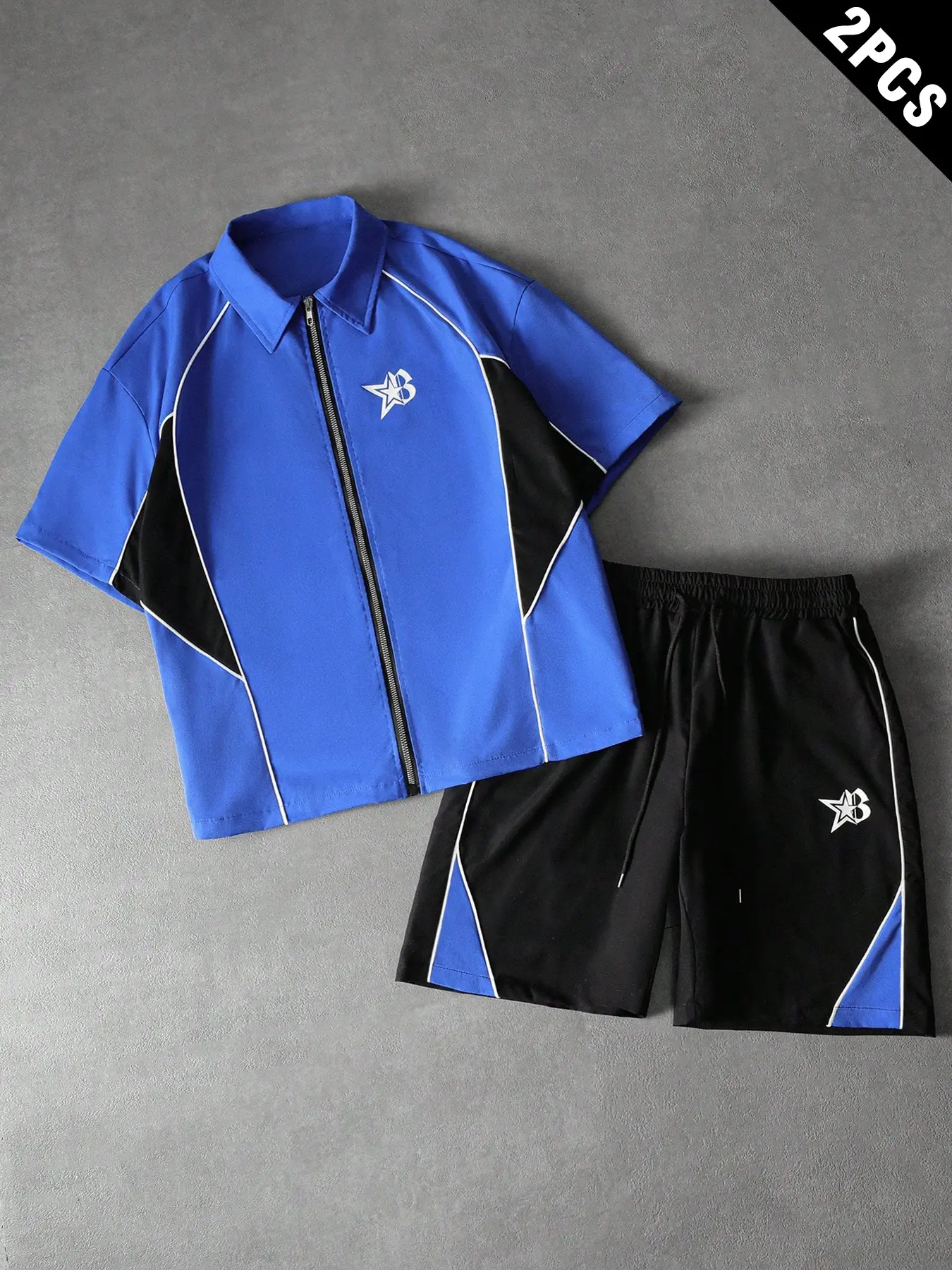 Y2K Cobalt Blue Color Block Tracksuit Set - Full-Zip Polo Top & Shorts with Star Logo, 90s Sporty Summer Outfit, Casual Sporty Design, Casual Sportswear Outfit, Casual Streetwear for TikTok OOTD, Perfect for Gym, Hangouts