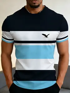 Men's fashionable striped T-shirt, slim fit with a round neck, breathable fabric, color-block design, eagle pattern casual short-sleeve T-shirt, suitable for everyday casual wear