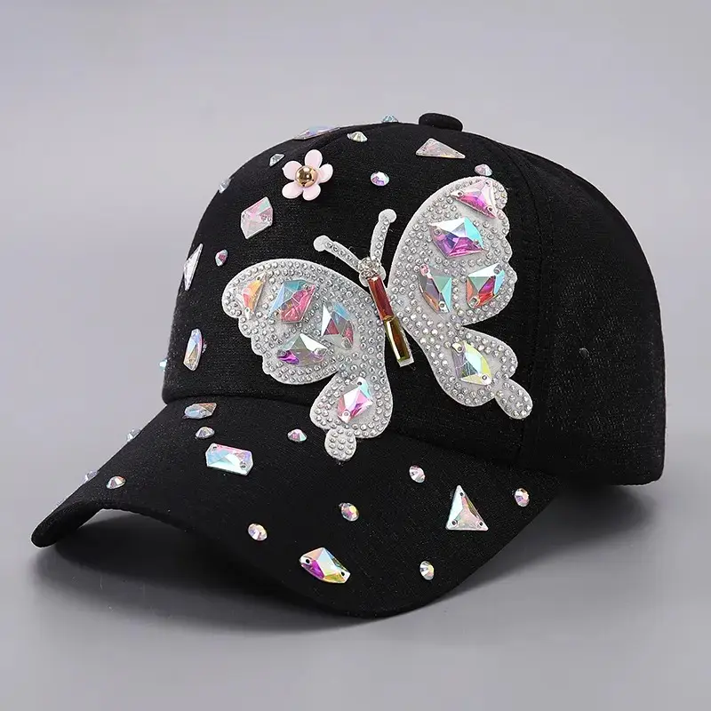 Women's Glitter Rhinestone Butterfly Bling Baseball Cap - Adjustable Sun Hat - Black, Light Blue Options - Bag Accessory - Ideal for Daily Use, Travel