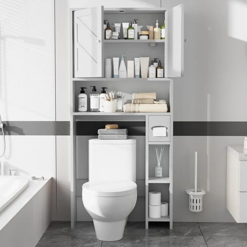 Walsunny Over The Toilet Storage Cabinet, Bathroom Farmhouse Storage Cabinet with Adjustable Shelf, 2-Door Toilet Storage Rack with Toilet Paper Holder, White