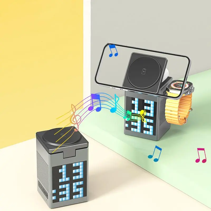 6 in 1 Rechargeable Wireless Speaker with Charger, Multifunctional Wireless Charger Speaker for AirPods & iWatch & iPhone, Fast Charging Station Speaker