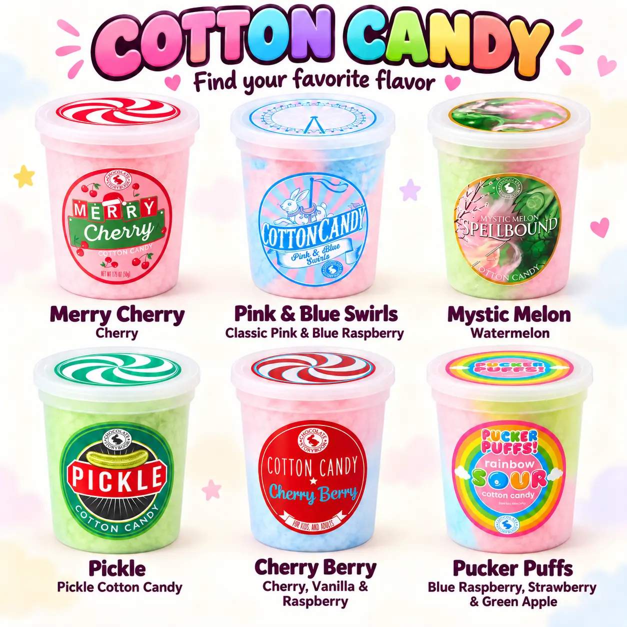 32oz Delitainer Tubs of Cotton Candy Snack - Merry Cherry, Pink & Blue Swirls, Mystic Melon, Pickle, Cherry Berry, Pucker Puffs Sweet Flavors