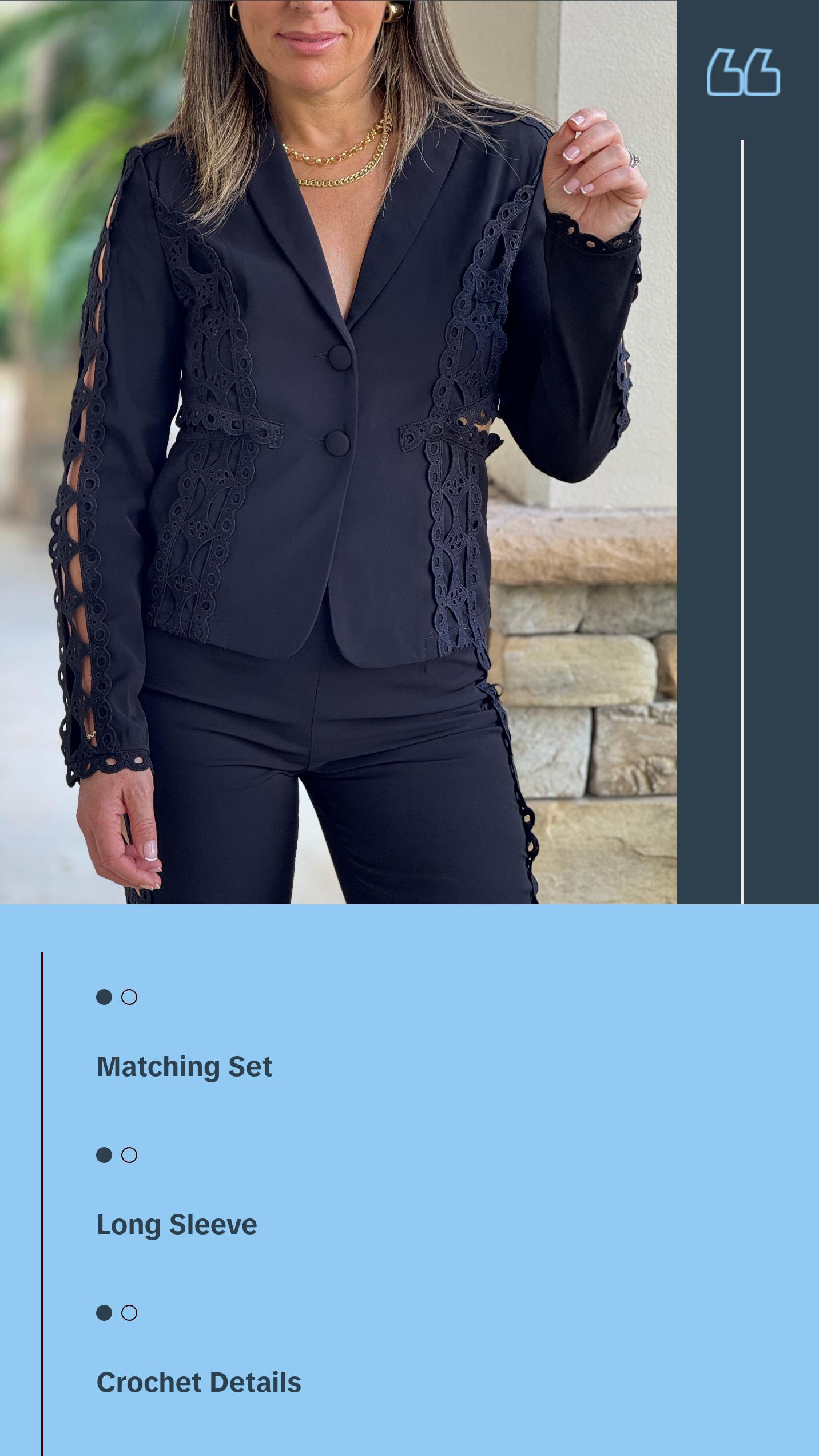 "Melissa" Long Sleeve Blazer And Crochet Details Matching Pants Set