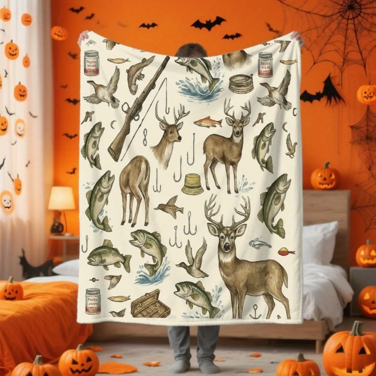 Ultra-Soft Flannel Hunting & Fishing Blanket - Deer, Fish, Campfire Design - Lightweight Bedspread for Couch, Bed, RV - Machine Washable - Perfect Gift for Outdoor Enthusiasts, Couch/Bed/Cabin