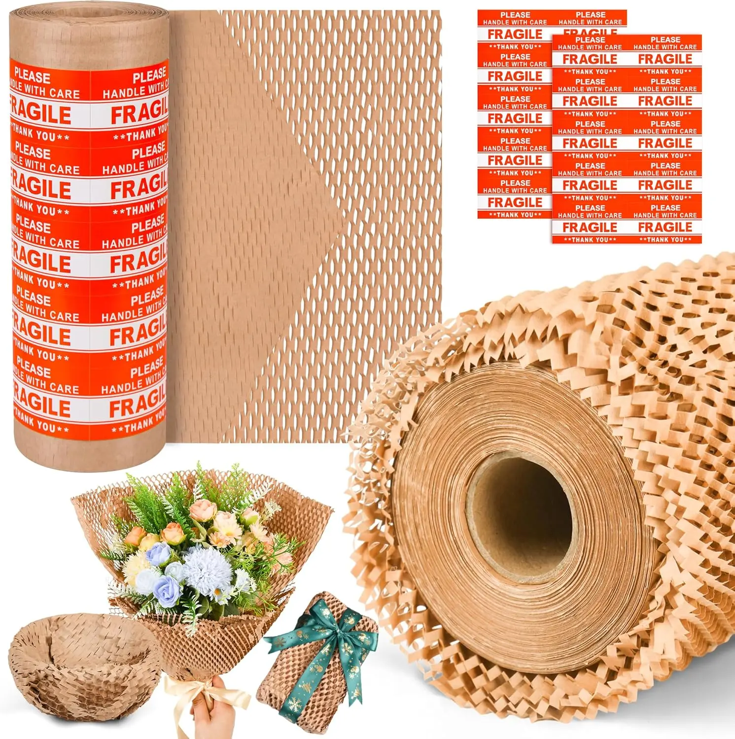 Biodegradable Honeycomb Kraft Packing Paper Roll (12in x 55ft) - Recyclable, Easy to Use, Reinforced Perforations, Hand-Tearing Superior Cushioning Sheet, Space-Saving, 20 Fragile Labels for Moving, Shipping, Fall Halloween Gifting, 12" X 55 Ft
