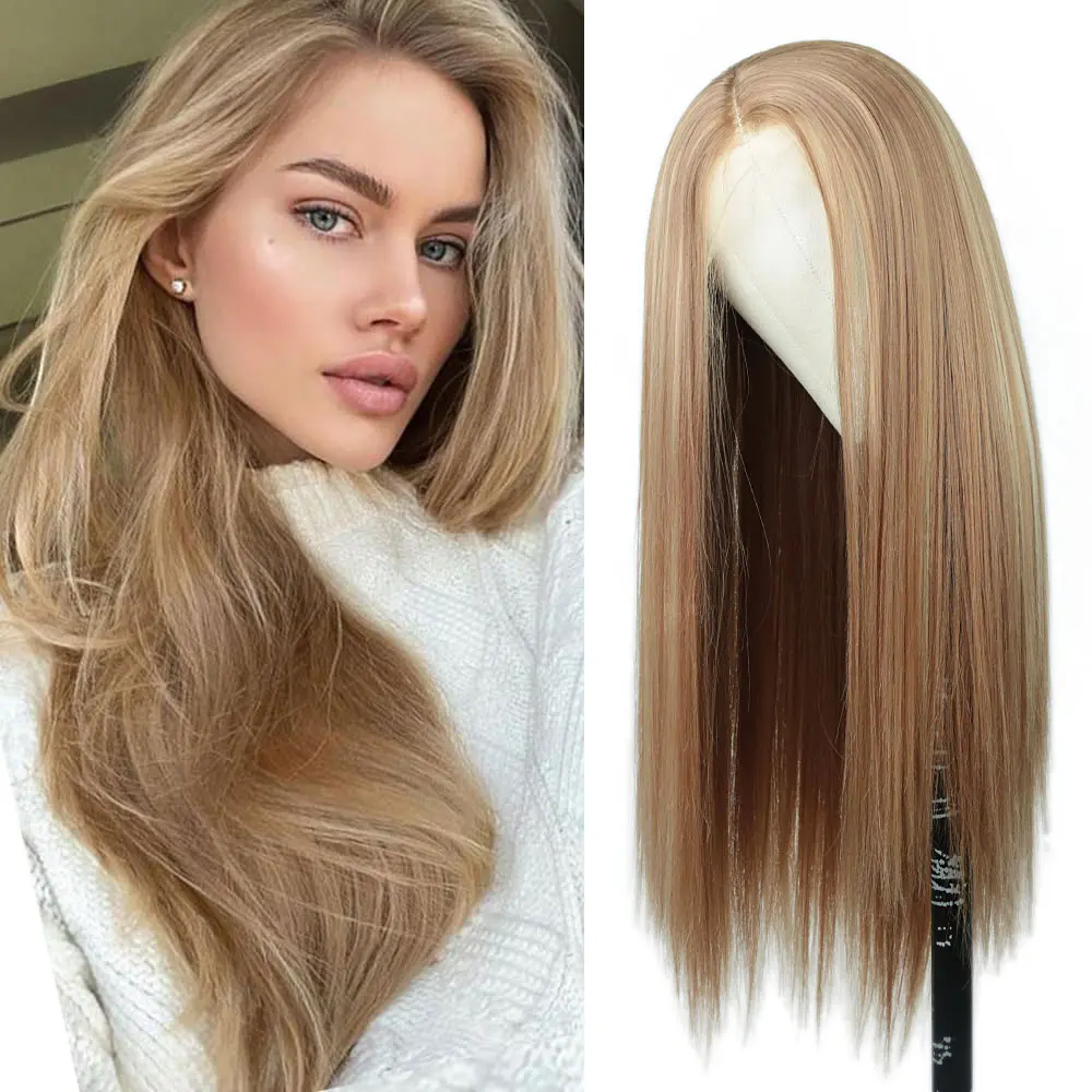 Mofyue Women's 24in 13x4 Swiss Lace Front Synthetic Wig, Highlight Blonde Silky Straight Heat Resistant Wig with Preplucked Hairline for Daily Wear, Wedding, Festivals, Role Play