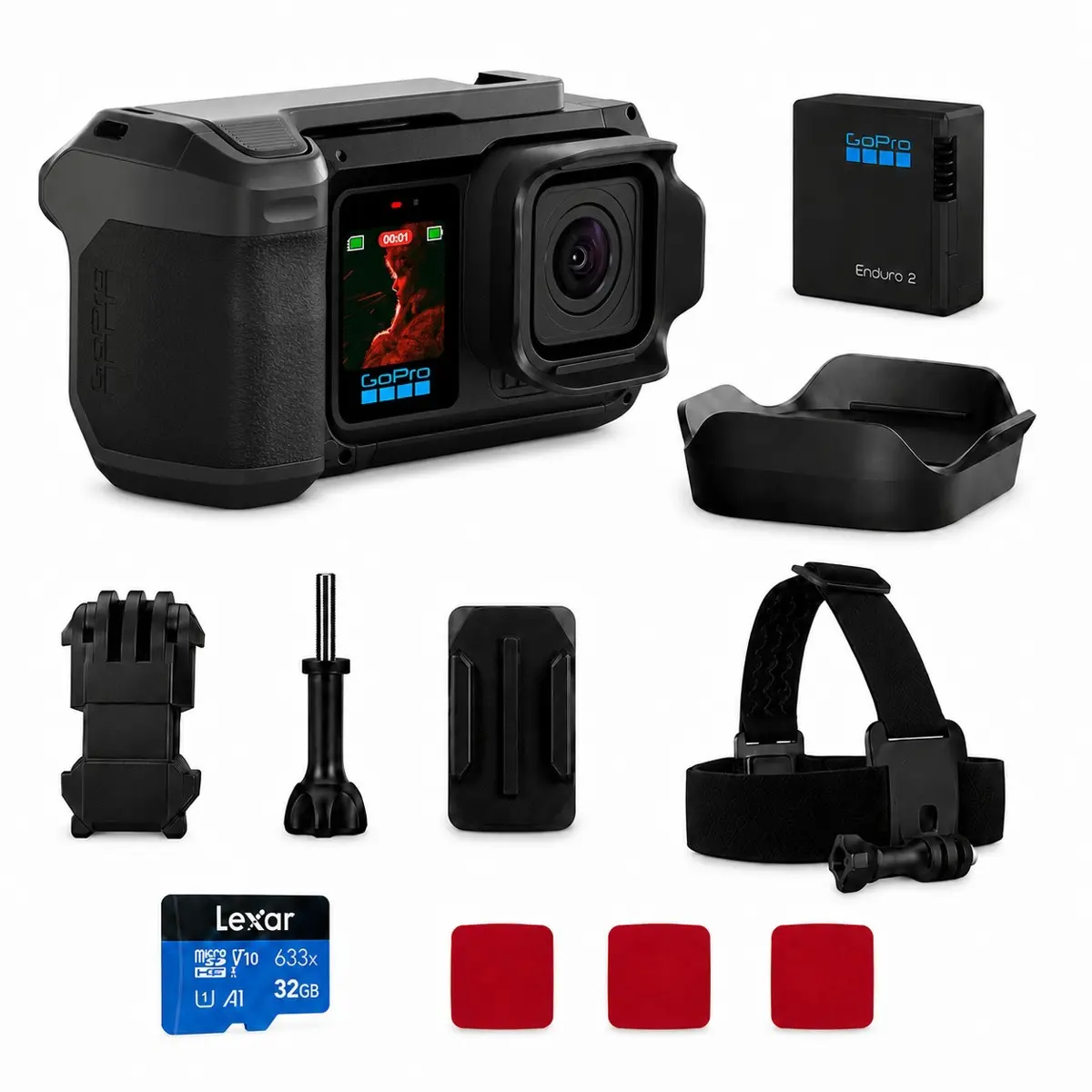 GoPro MISSION 1 PRO Handheld Grip Edition Action Camera with Head Strap, Lens, Recording Capability, Charging Function, Batteries & Lexar 633x UHS-I 32GB microSDHC Card