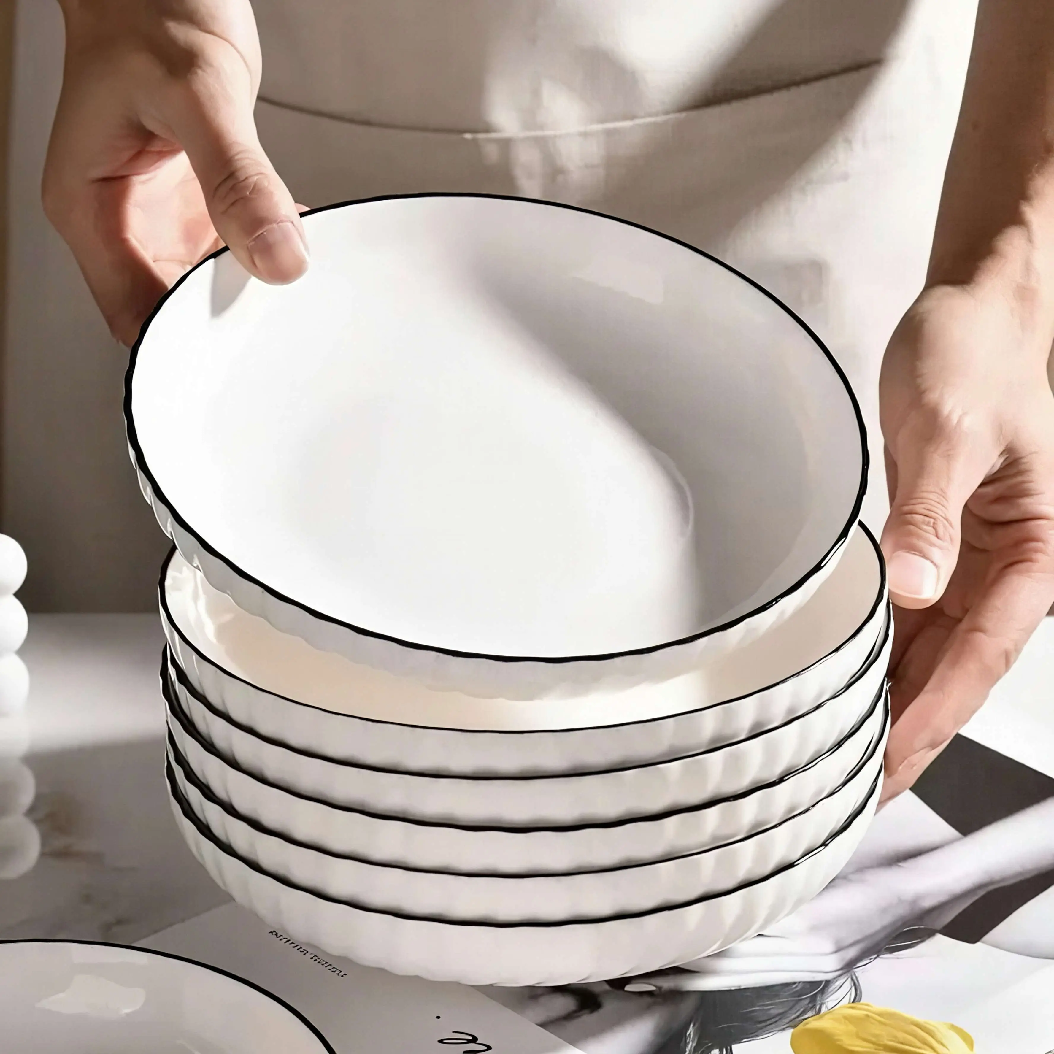 Traditional 7-in 6-Piece Ceramic Deep Plate Set, Black-Trimmed White Contrasting Tableware, Durable Multifunctional Adult Dining Utensils for Salads, Pasta