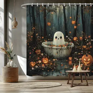 1pc Whimsical Halloween Bathtub Ghost Scene Shower Curtain with 12 Hooks - Autumn Flowers, Foggy Forest Design, Ideal for Home Bathroom Decor & Housewarming Gift, Halloween Bathroom Decor | Playful Design | Washable Polyester, Halloween Decorations