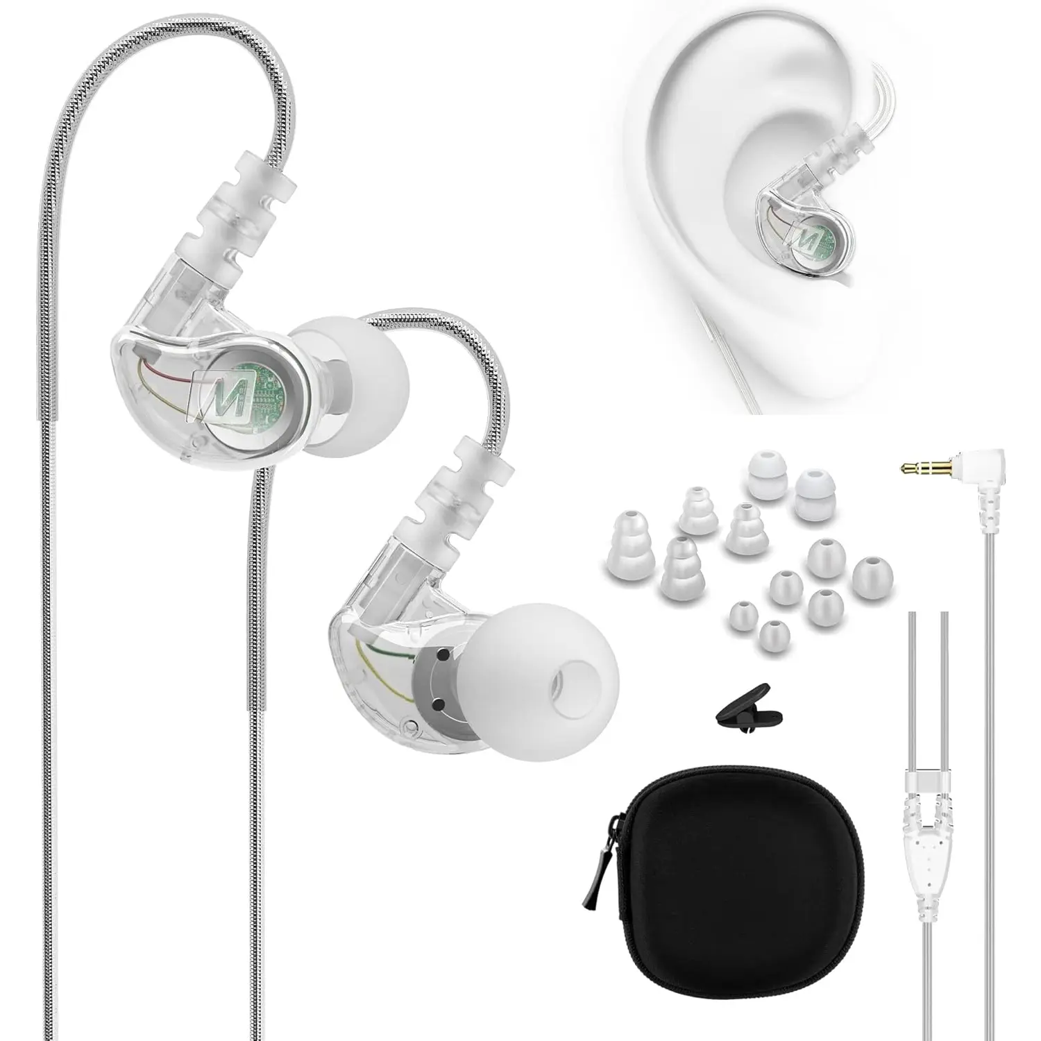 M6 Sport Wired Earbuds, Noise Isolating In Ear Headphones, Sweatproof Earphones for Running/Gym/Workouts with Dynamic Enhanced Bass Sound, Memory Wire Earhooks, 3.5mm Jack Plug (Clear)