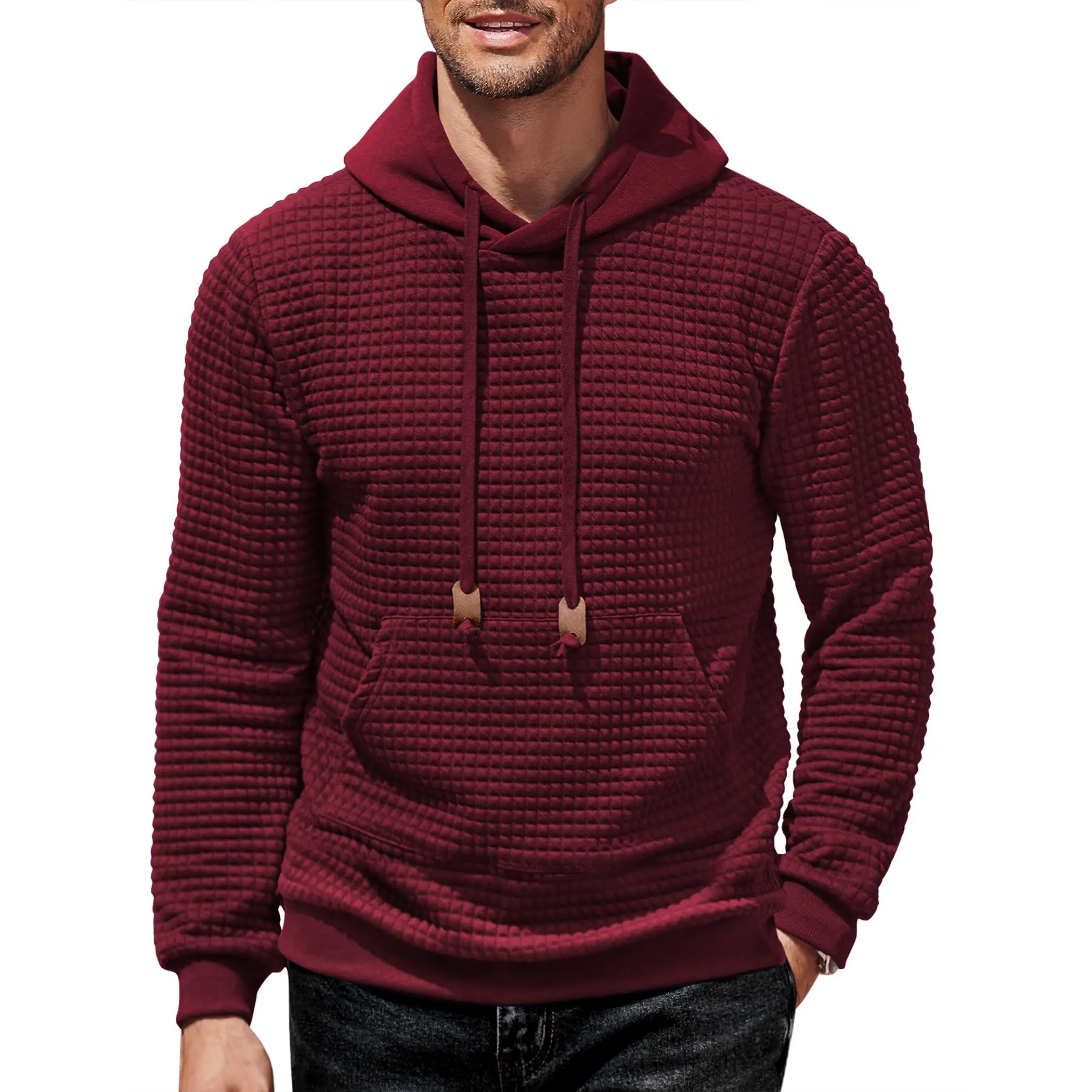 COOFANDY Men's Waffle Knit Texture Hoodie - 95%Polyester 5%Spandex Long Sleeve Loose Pullover with Kangaroo Pocket, Drawstring, Solid/Plaid, Pull On Comfortable Casual Menswear Tops (US Sizes)