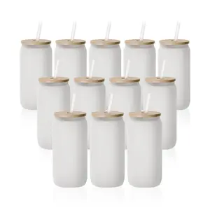 Sublimation Glass Beer Can Frosted White With Bamboo Lid And Glass Straw 18 OZ 12 Pack