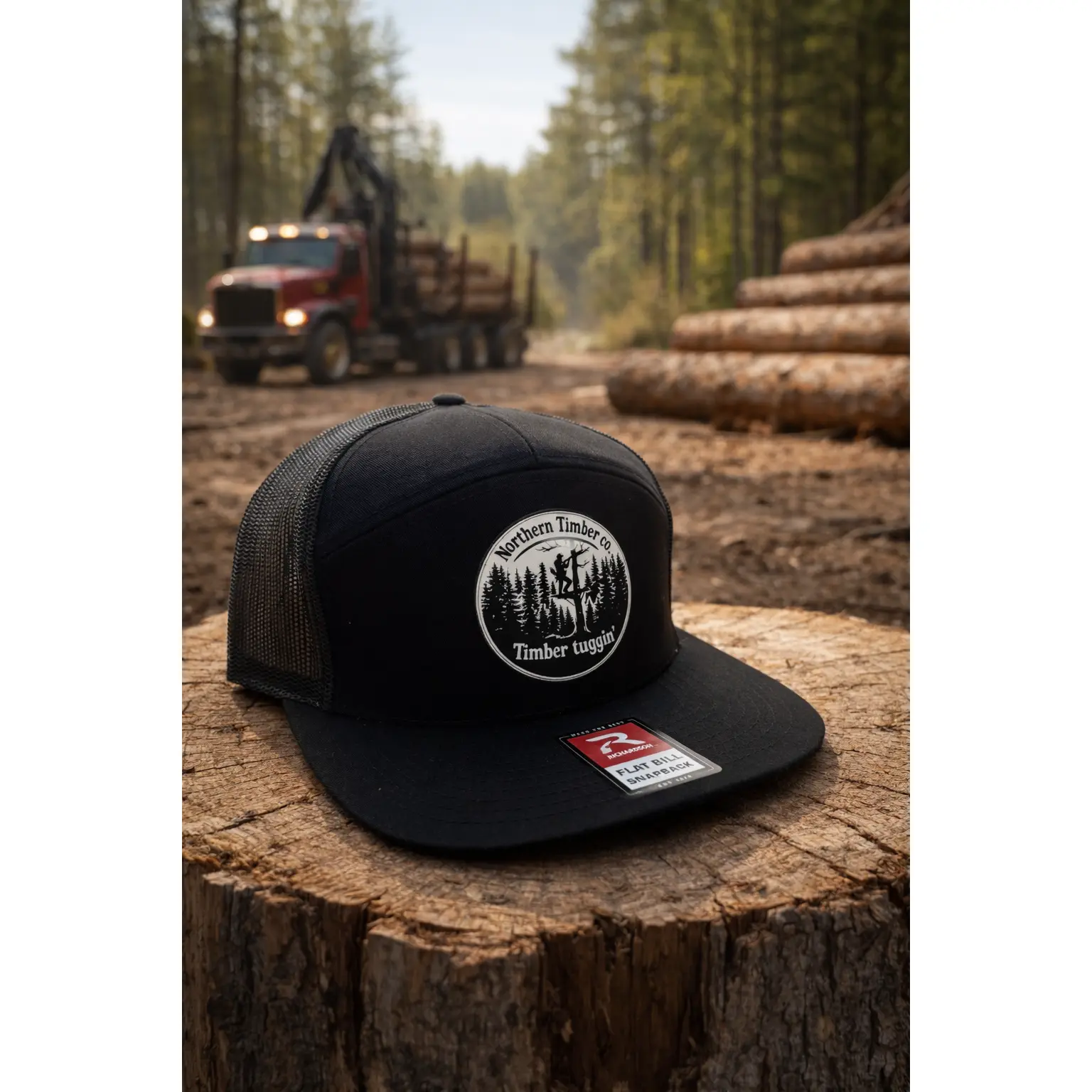 TIMBER TUGGIN' Black 7-P Snapback Trucker Hat - Unisex-Fit, Flat Bill, Casual Hats, Fashion Accessory for Daily Wear, Snapback Hats