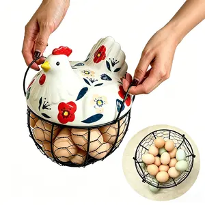 Farmhouse Style Ceramic Chicken Egg Basket with Metal Wire and Lid, Decorative Multi-Functional Kitchen Storage Box for Eggs Fruits Vegetables, Food Storage Organizer