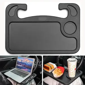 Car Steering Wheel Desk for Laptop and Eating – Multipurpose Rolling Tray Table, Portable Car Accessories for Travel, Work & Food, Universal Steering Wheel Under Table Console (Black)