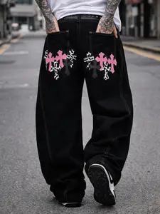 Men's high street y2k casual jeans, with contrasting cross design + multi-pocket design + bright line design + durable fabric design, do not pick a variety of sizes to choose from, very suitable for daily wear/friends gathering/trendy places